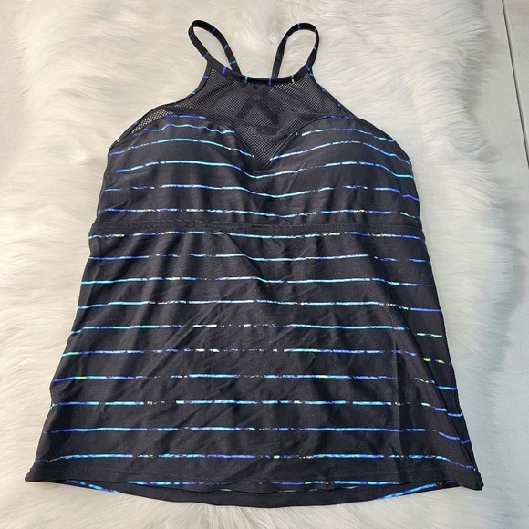 ATHLETA Tankini Swim Top Black Blue Stripe Mesh High Neck Women's Size Medium - Picture 1 of 9